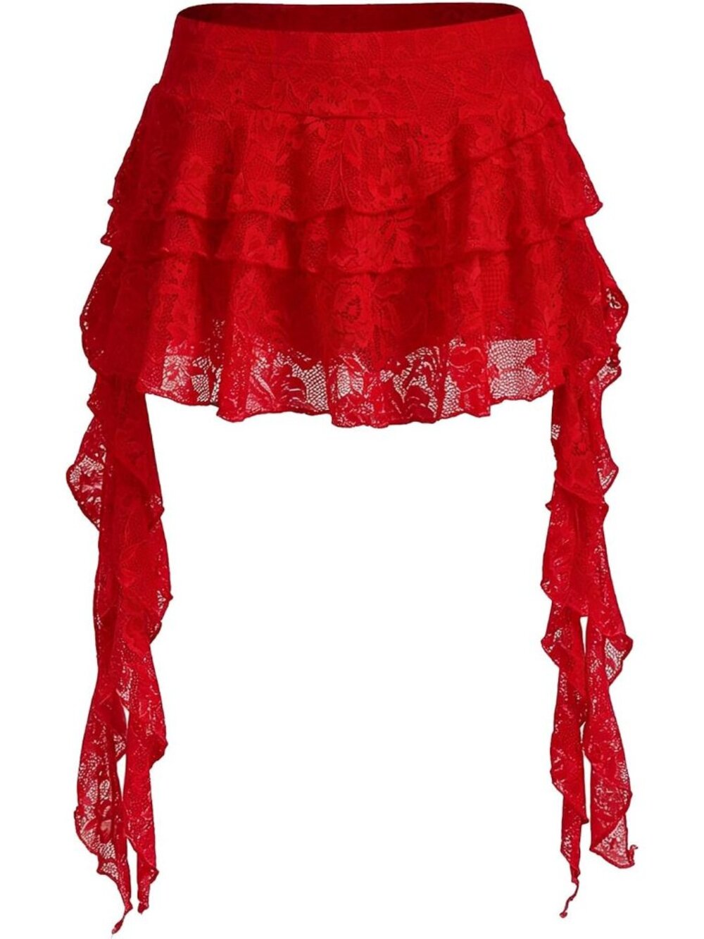 Women's Red Y2K Ruffle Layered Lace Asymmetrical Flowy Mini Skirt Club